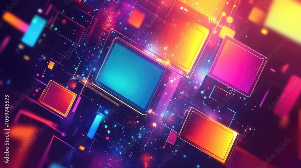 Poster streaming and tv video channels, dynamic background with digital media, colorful tech and entertainm