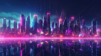 Futuristic Cityscape with Neon Lights Reflection