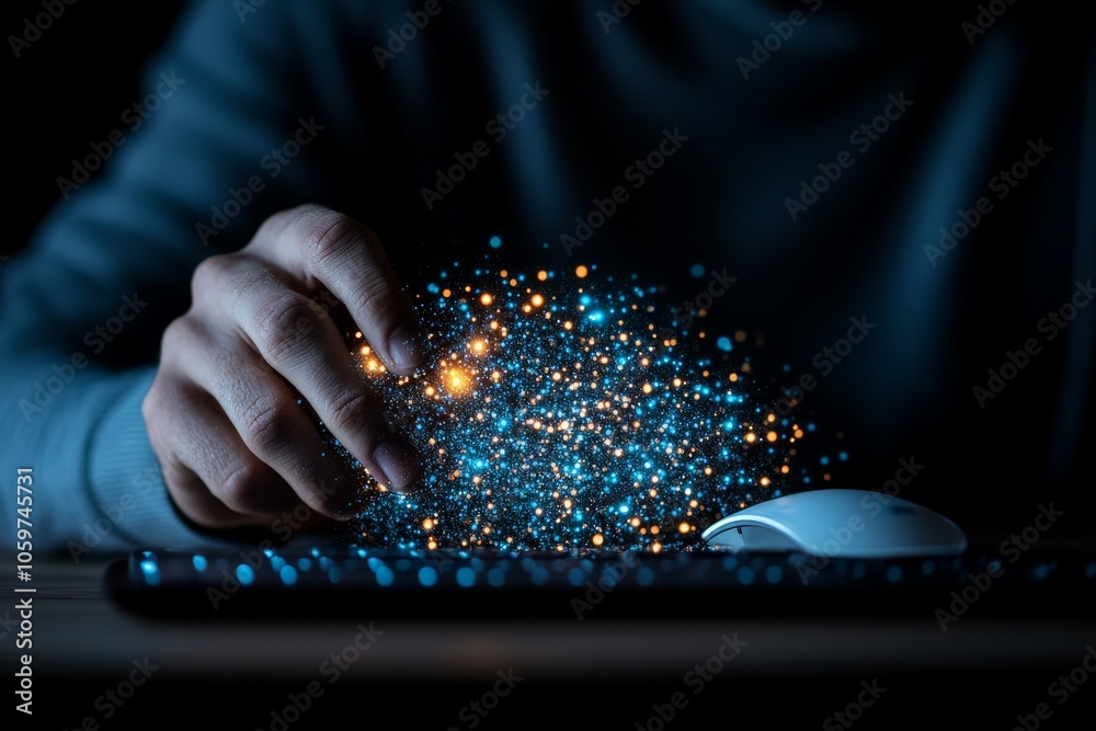 Poster an abstract image of a hand generating sparkling lights with a computer mouse, symbolizing digital i