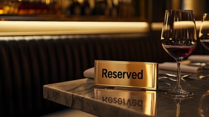 Elegant reserved sign in metallic gold on a modern restaurant table with wine glasses during an evening dining experience