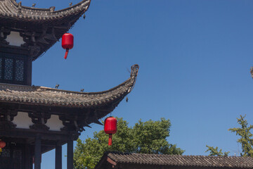 Red lantern at the corner of the eaves of the Huizhou building