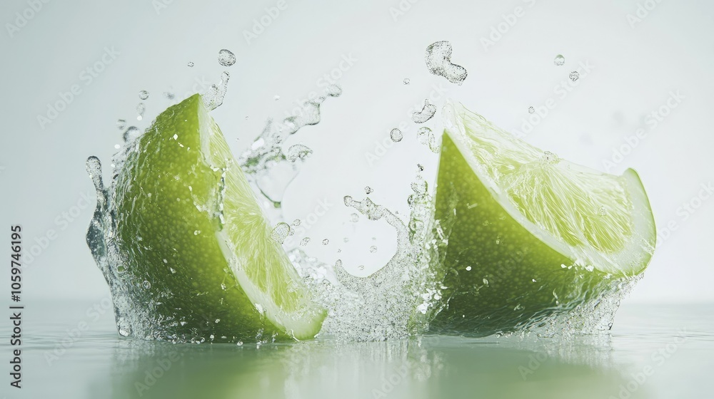Poster two lime wedges collide in clear splashes, green tones highlighted against a plain white background 