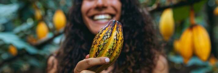 A person holding a cacao pod and smiling conveying the joy and satisfaction of discovering the mildly sweet hydration of cacao water.