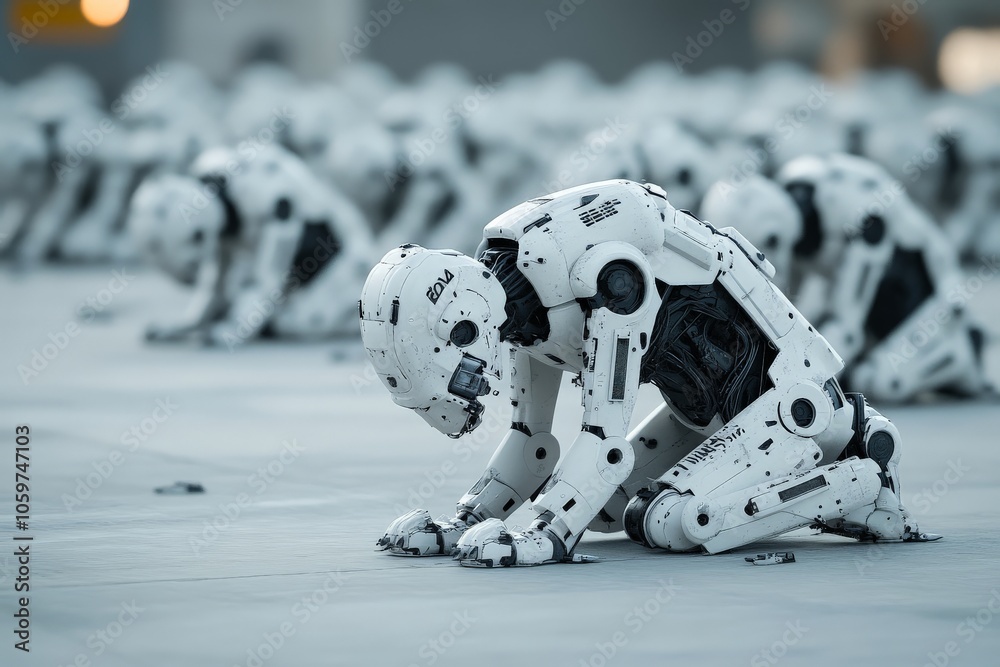 Poster a humanoid robot kneeling with precision-engineered components, representing resilience and contempl