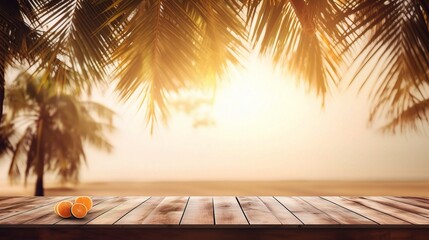 Obraz premium Serene Wooden Table Under Palm Leaves at Sunset