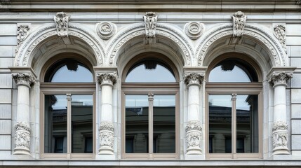 Obraz premium Symmetrical Renaissance-style facade with arched windows and detailed columns
