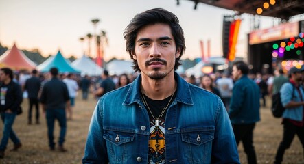 Fototapeta premium Hispanic Young Man with Medium Length Hair in Denim Jacket in Old Town Retro Portrait Concept