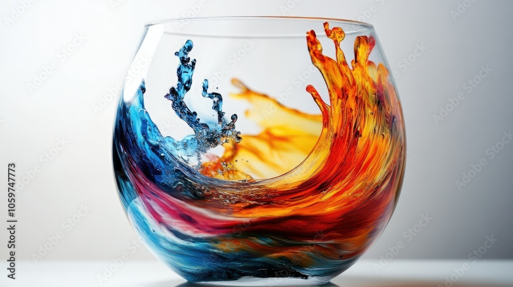Poster glass filled with vibrant colors in motion, fluid dynamics of hues blending and swirling gracefully