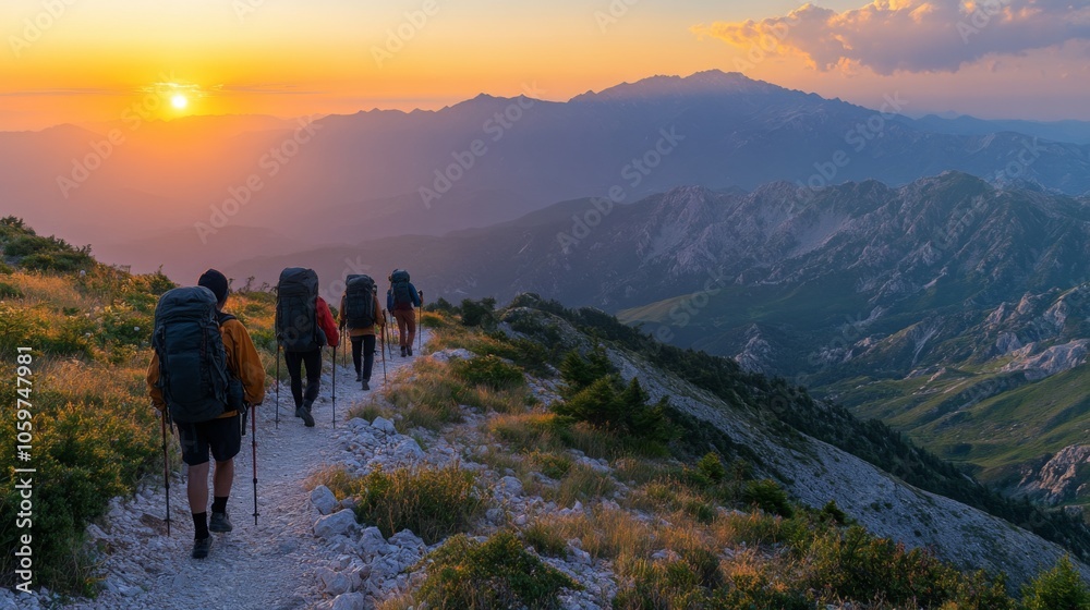 Poster a group of hikers walks along a rocky path surrounded by mountains, basking in the warm glow of the 