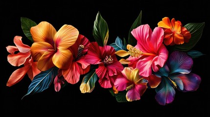 Stylish 2025 font in vivid tropical flowers against black, creating a luxurious floral aesthetic