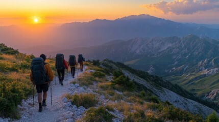 Obraz premium A group of hikers walks along a rocky path surrounded by mountains, basking in the warm glow of the setting sun. Nature thrives in this serene environment.
