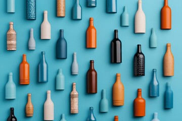 This image artistically arranges colorful bottles on a blue background, combining elements of art and design to create a visually pleasing composition.
