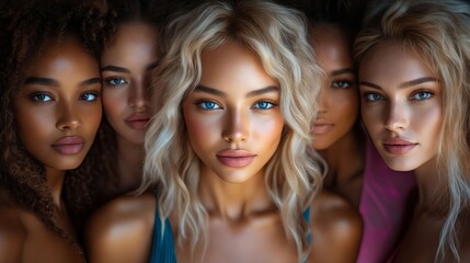 Fototapeta premium A group of young women with different colored hair and blue eyes