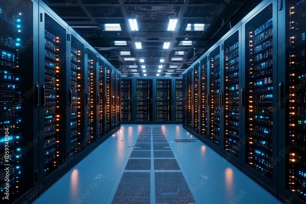 Poster a view of deep blue illuminated server racks within a technology hub, signifying the heart of data s