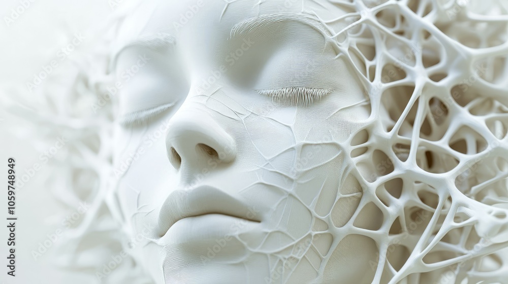 Poster 3D render exploring humanity interaction with tech, intricate structures blending human form with digital lines