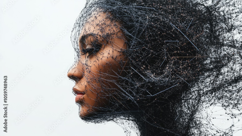 Poster 3D render exploring humanity interaction with tech, intricate structures blending human form with digital lines