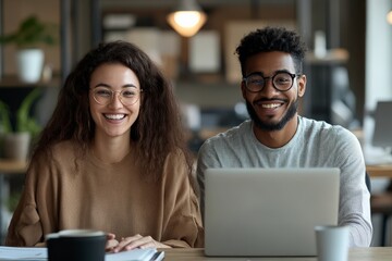 Two cheerful colleagues smiling brightly while sitting comfortably in a warm, inviting office space, exuding camaraderie and positive workplace energy.