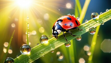 Naklejka premium A close-up of a ladybug on a dewy blade of grass, illuminated by sunlight.