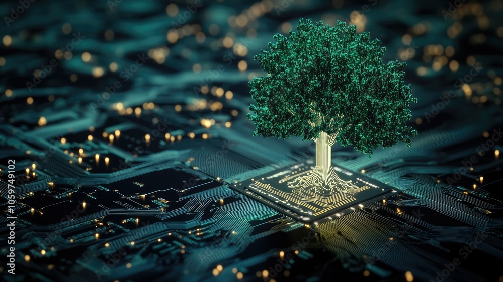 Aufkleber a digital green tree glowing on a computer circuit board, symbolizing innovation and sustainability 