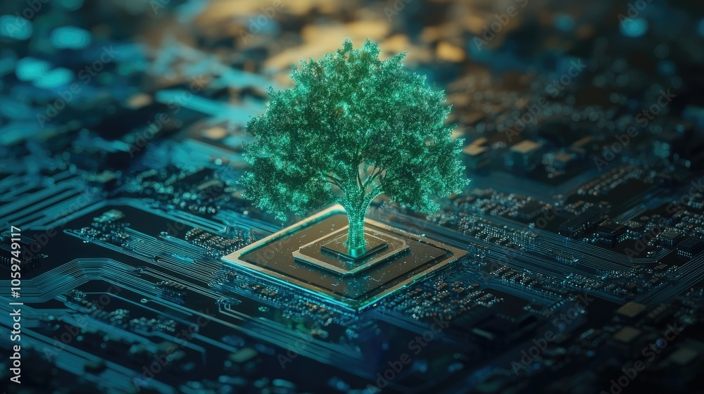 Poster a digital green tree glowing on a computer circuit board, symbolizing innovation and sustainability 