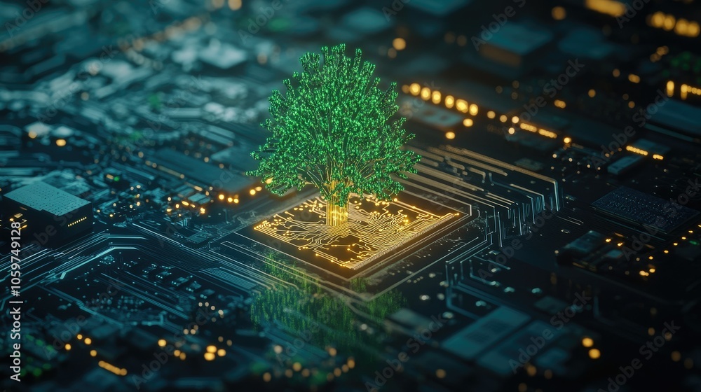 Poster a digital green tree glowing on a computer circuit board, symbolizing innovation and sustainability 