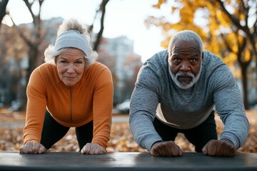 An older man and woman doing push-ups outdoors together, showcasing determination and fitness, set against a backdrop of trees in the fall season.