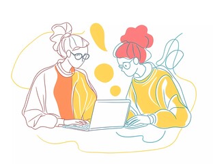 One-line drawing style, two people working together on a laptop computer, simple drawing, vector illustration, white background