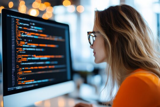 A focused female programmer is intently working on writing code on her desktop computer in an office environment, illustrating dedication and expertise in technology.