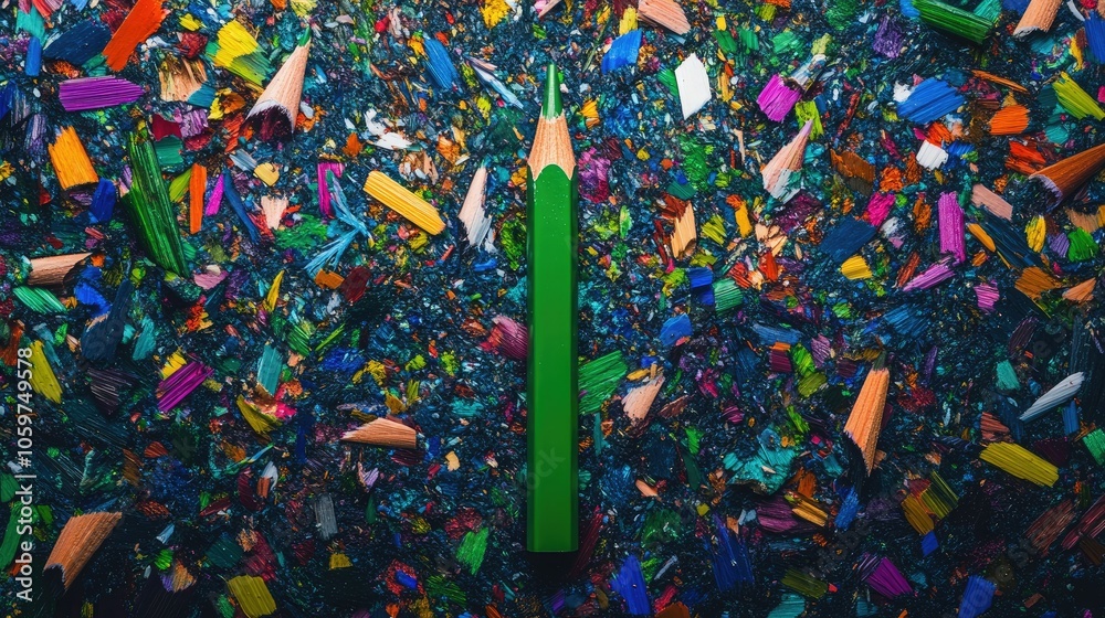 Aufkleber bright green pencil surrounded by a vivid array of colorful shavings, scattered artistically for a s