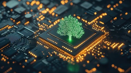 Obraz premium Computer circuit board with a glowing green tree icon, capturing the concept of sustainable tech innovation