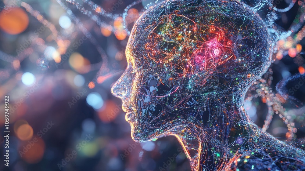 Aufkleber Conceptual 3D render showing the convergence of humanity and technology, intricate details blending human and tech elements