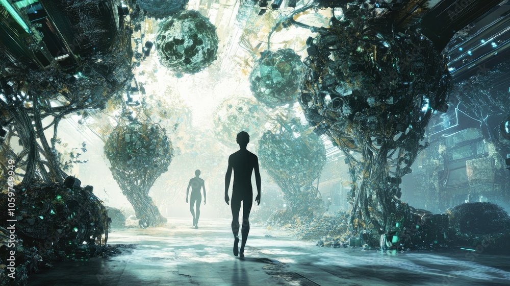Poster Conceptual render of human and tech integration, exploring humanity future within a digital landscape