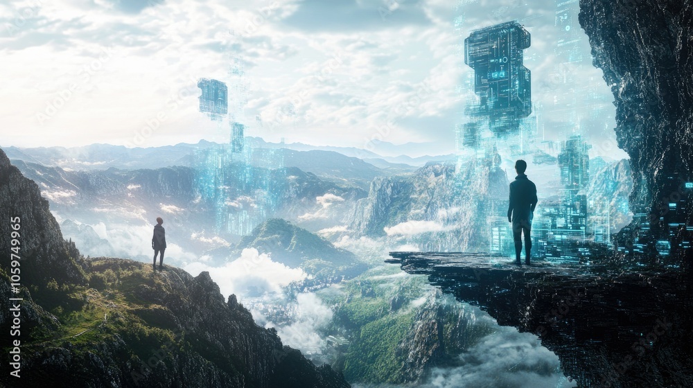 Poster Conceptual render of human and tech integration, exploring humanity future within a digital landscape