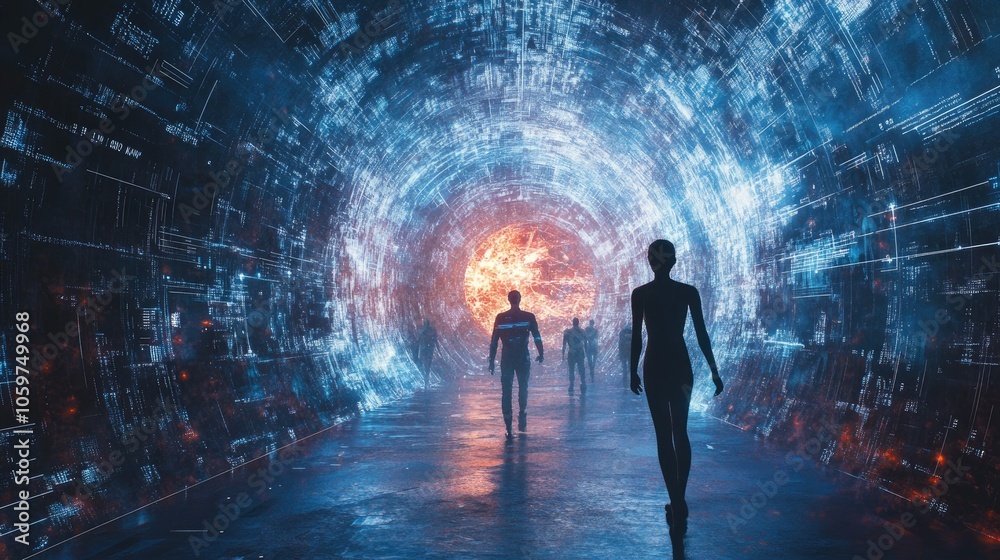 Poster conceptual render of human and tech integration, exploring humanity future within a digital landscap
