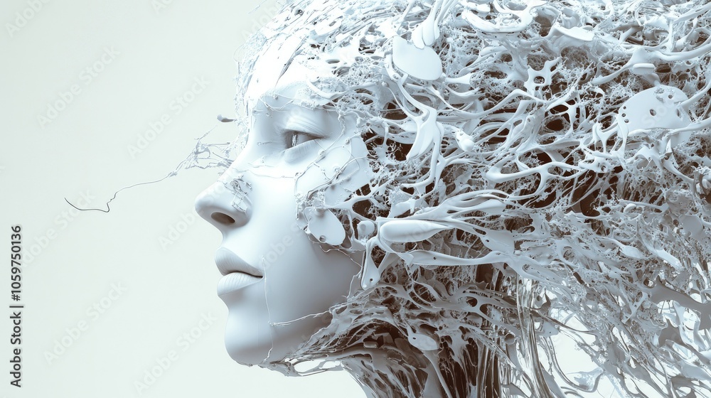 Poster digital-human convergence in a 3d render, sleek technology intertwined with organic human form, conc