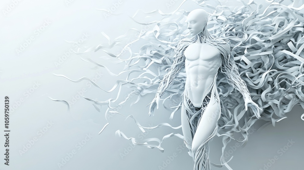 Poster digital-human convergence in a 3d render, sleek technology intertwined with organic human form, conc