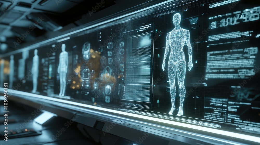 Poster Digital-human interface in a 3D render, showing the seamless integration of human forms with advanced tech, futuristic feel