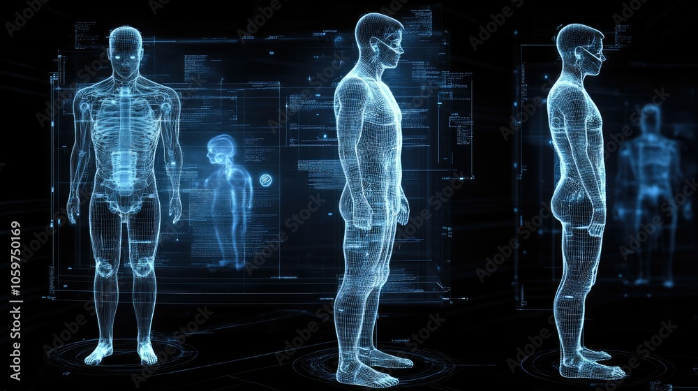 Poster Digital-human interface in a 3D render, showing the seamless integration of human forms with advanced tech, futuristic feel