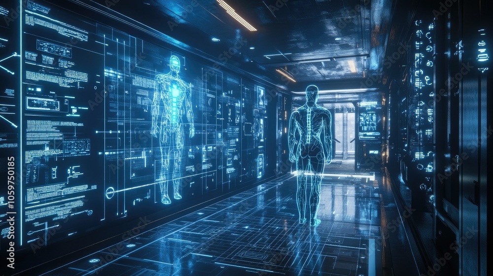 Poster Digital-human interface in a 3D render, showing the seamless integration of human forms with advanced tech, futuristic feel