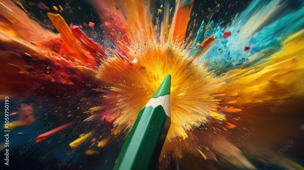 Poster dynamic shavings surround a green pencil, vibrant colors exploding in an artistic, colorful composit