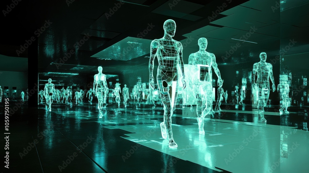 Poster Digital-human interface in a 3D render, showing the seamless integration of human forms with advanced tech, futuristic feel