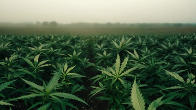 Camera moving over rows of growing cannabis plants
