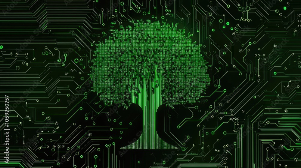 Poster green digital tree growing on a circuit board background, representing the integration of tech and e