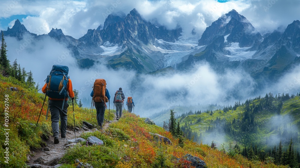 Aufkleber a group of hikers climbs a mountain trail, surrounded by lush greenery and colorful wildflowers. the