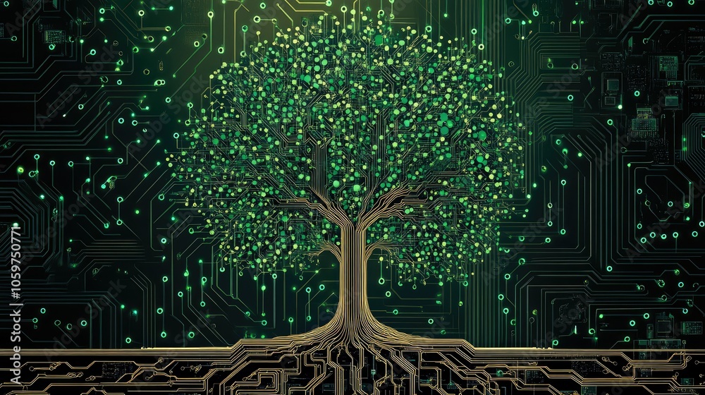 Poster green digital tree growing on a circuit board background, representing the integration of tech and e
