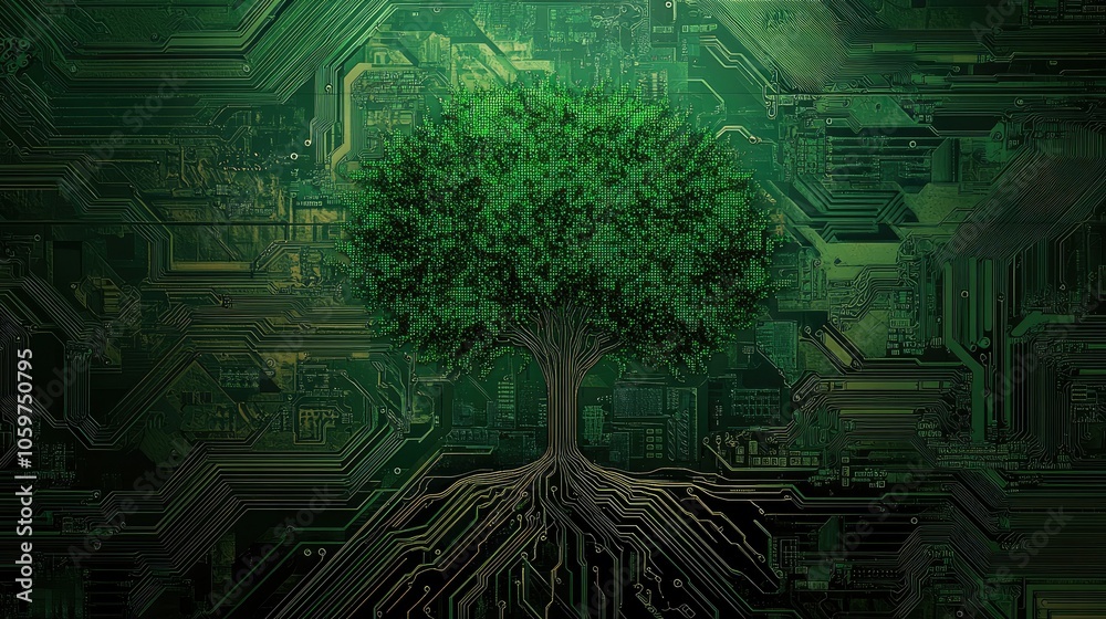 Poster green digital tree growing on a circuit board background, representing the integration of tech and e