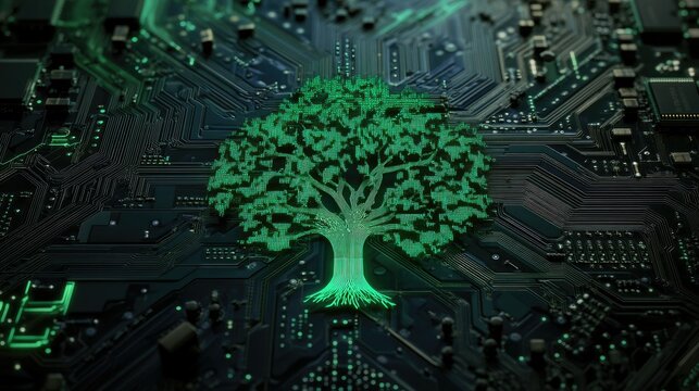 Green digital tree overlay on a circuit board, combining environmental and technological themes for sustainable design