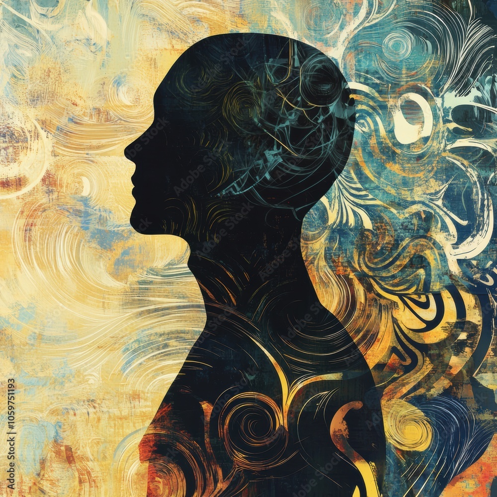 Aufkleber An abstract silhouette of a person stands against a vibrant backdrop of swirling colors, evoking feelings of creativity and emotion. Generative AI