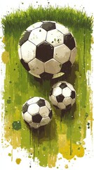 Obraz premium Artistic Soccer Balls on Grass Background - Unique Watercolor Style Print with Three Soccer Balls on Green Grass, Perfect for Sports Enthusiasts' Home Decor