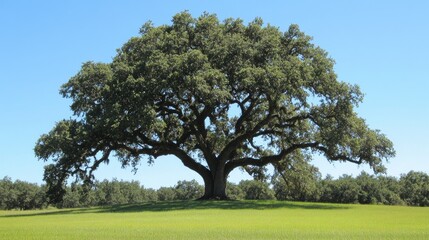 Oak tree and blue sky on a bright day with lush green grass, providing a peaceful banner layout with ample space for text